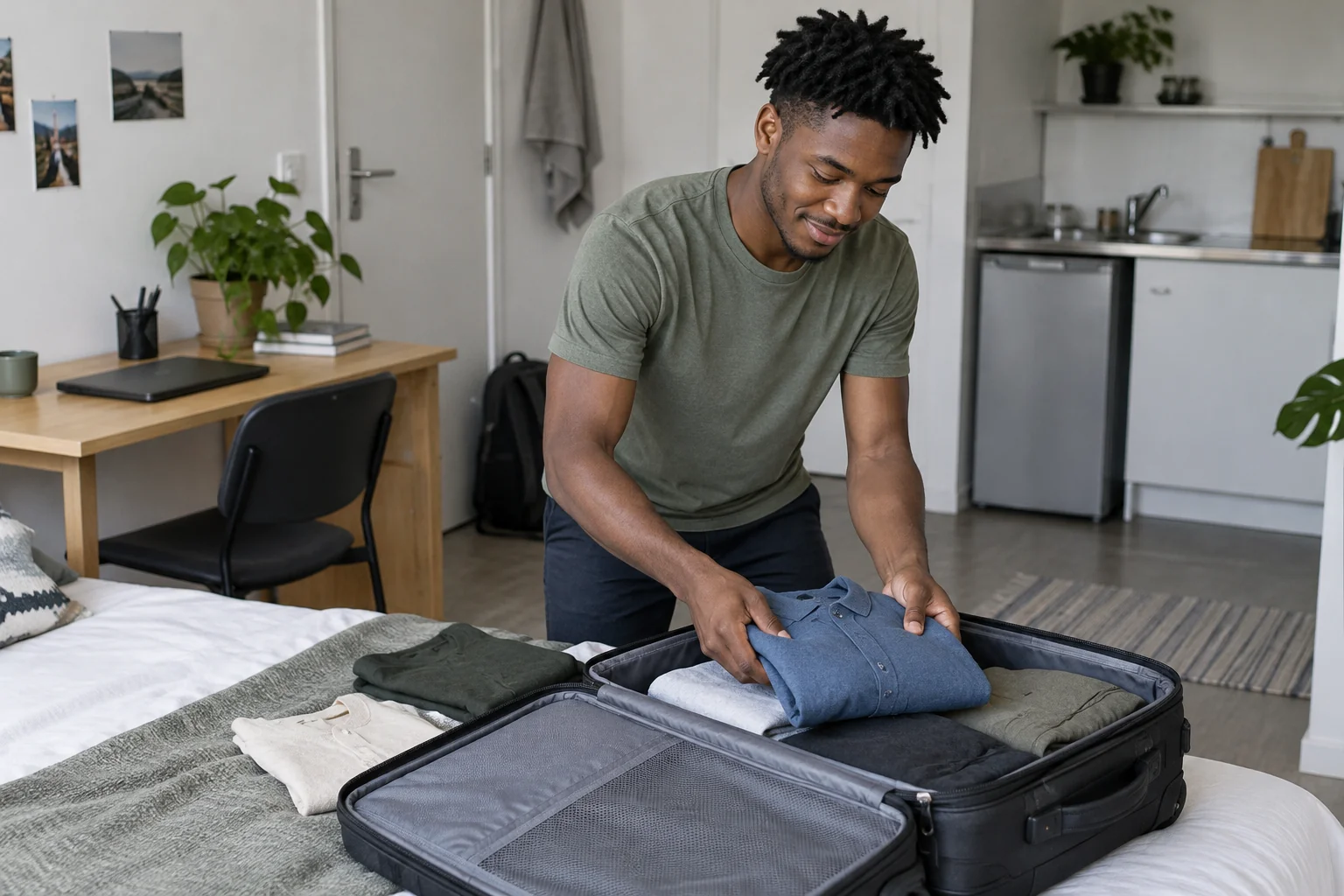 Une étudiante prépare une valise ouverte dans une chambre.