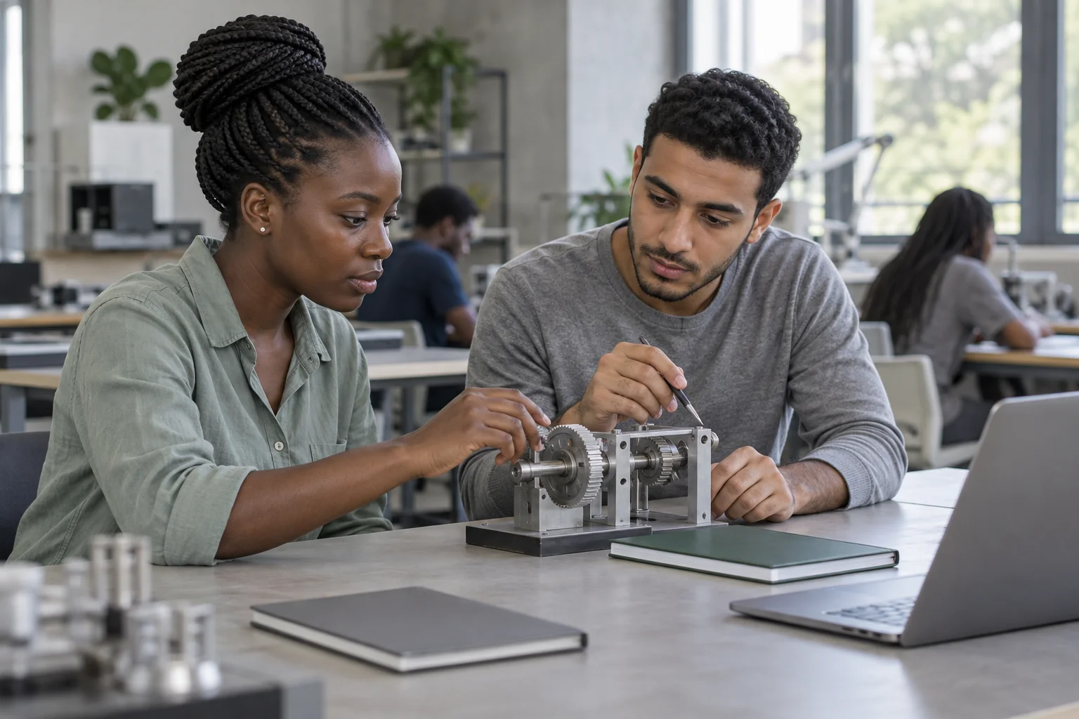 Deux jeunes adultes examinent une maquette mécanique dans une salle de travail.