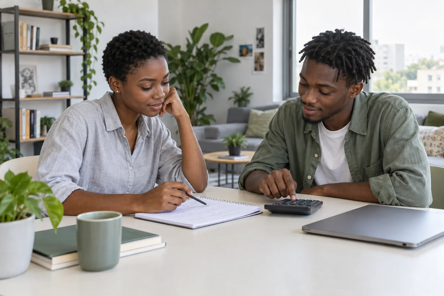Deux jeunes adultes comparent un budget avec un carnet et une calculatrice.