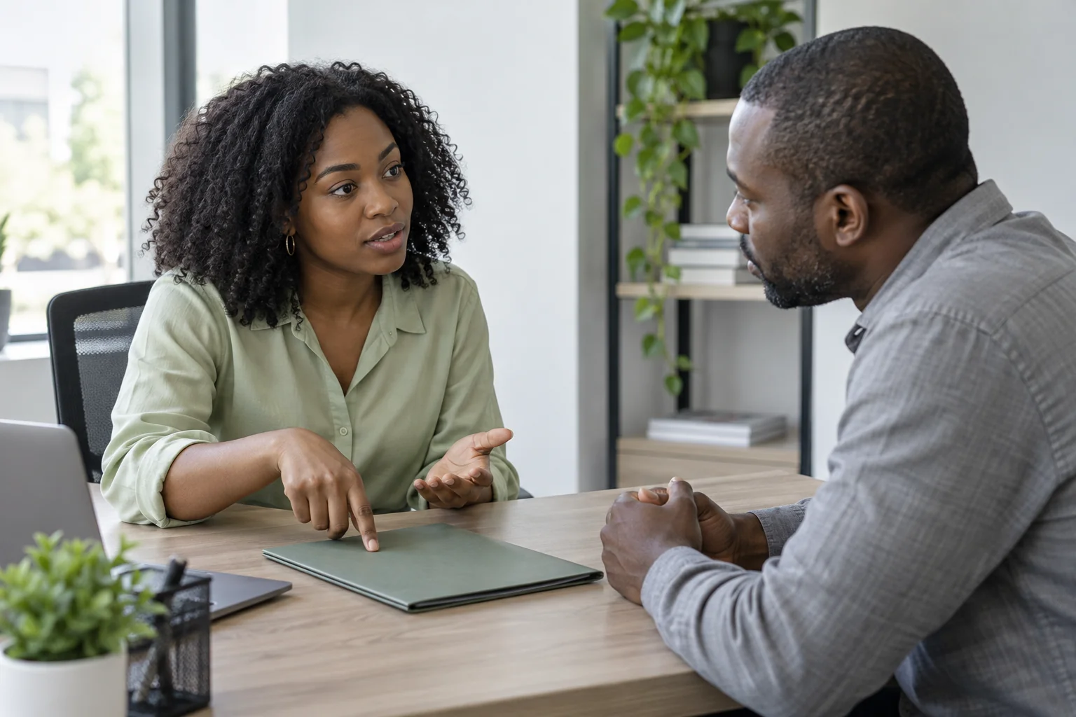 Une jeune femme échange avec un interlocuteur autour d’un dossier.