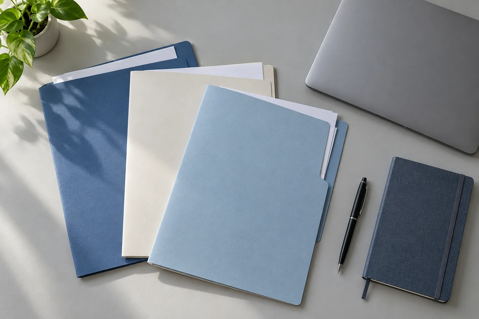 Des dossiers, un carnet, un stylo et un ordinateur sur une table.