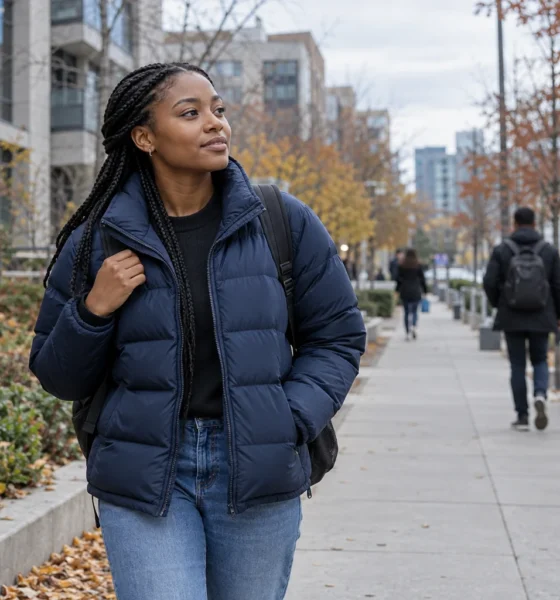 Une jeune femme en veste matelassée marche avec un sac à dos sur un chemin urbain en automne.