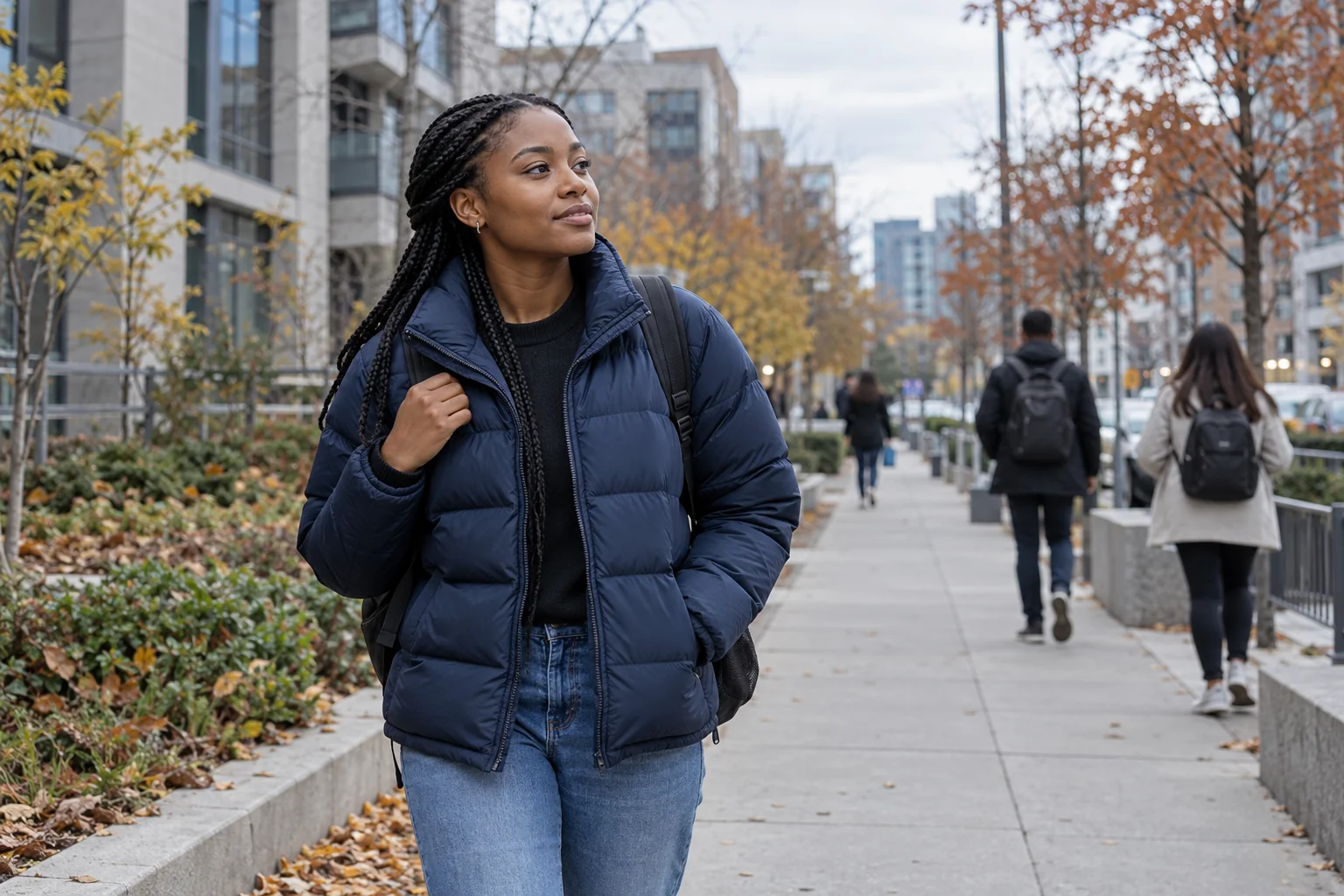 Une jeune femme en veste matelassée marche avec un sac à dos sur un chemin urbain en automne.