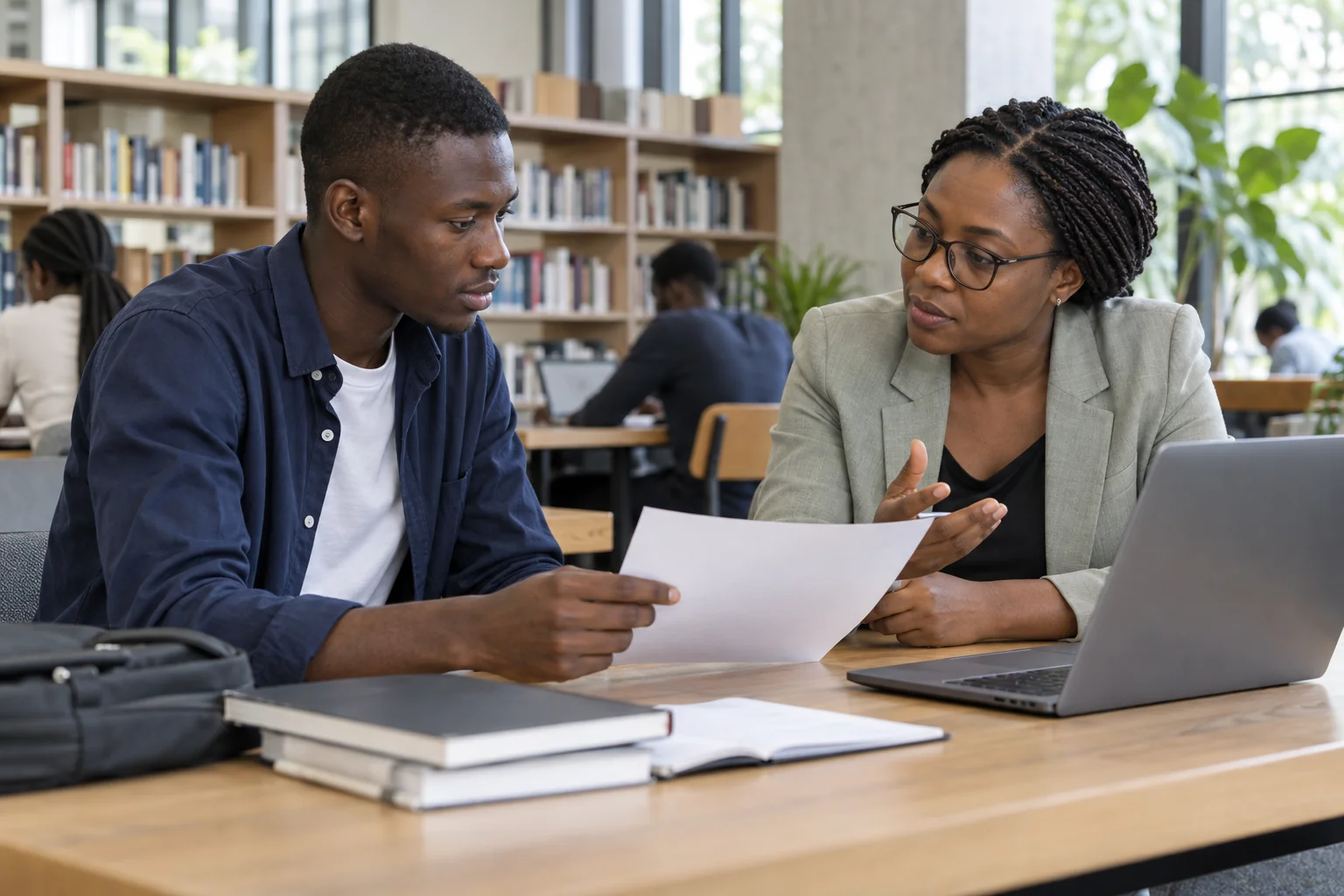 Un étudiant échange avec une interlocutrice autour d’une feuille et d’un ordinateur.