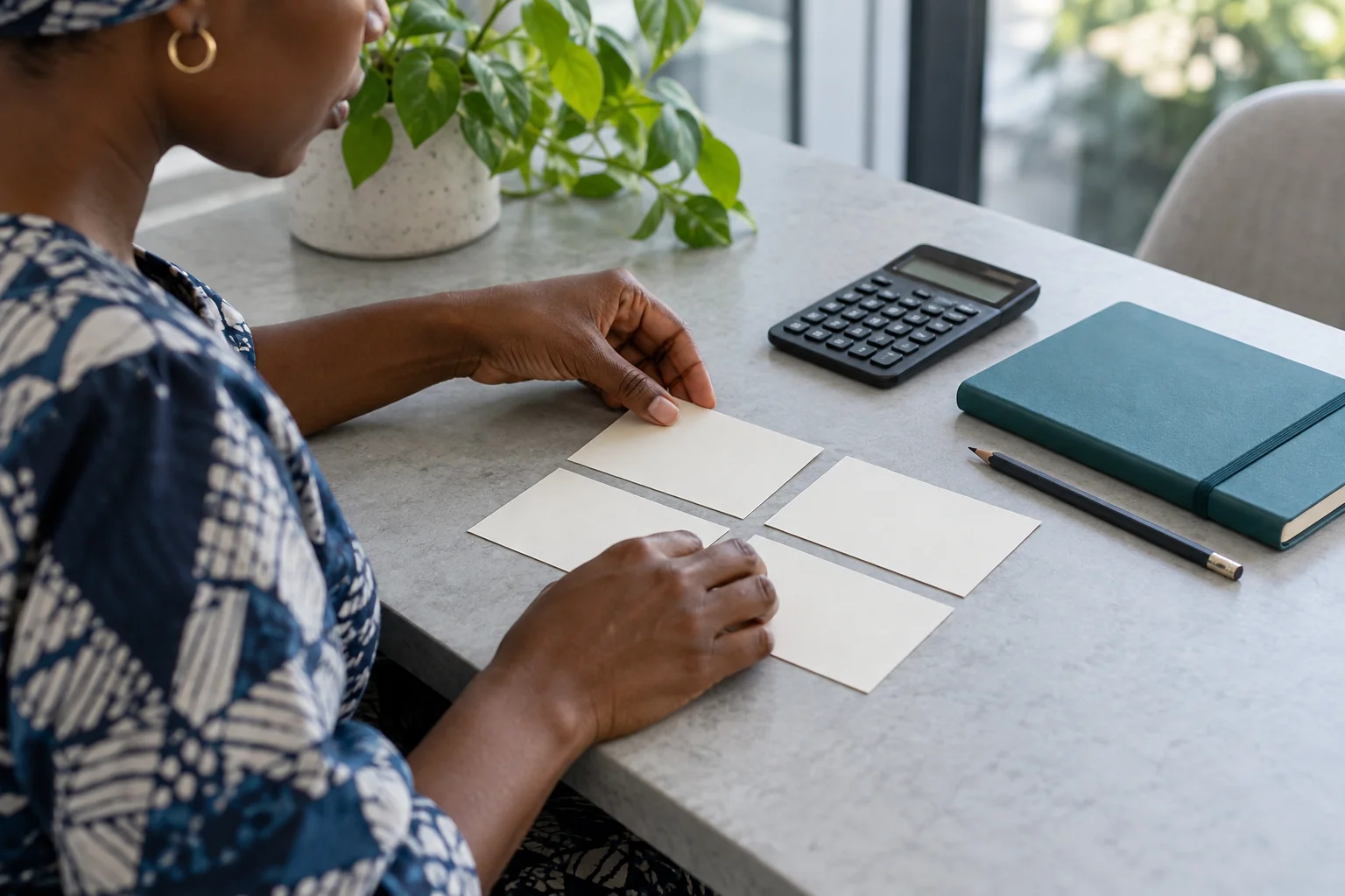 Des mains disposent des fiches vierges à côté d’une calculatrice et d’un carnet.