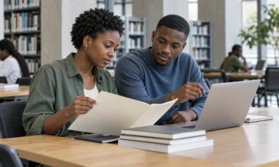 Deux jeunes adultes consultent un dossier et un ordinateur dans une bibliothèque.