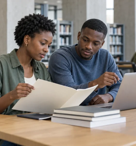 Deux jeunes adultes consultent un dossier et un ordinateur dans une bibliothèque.