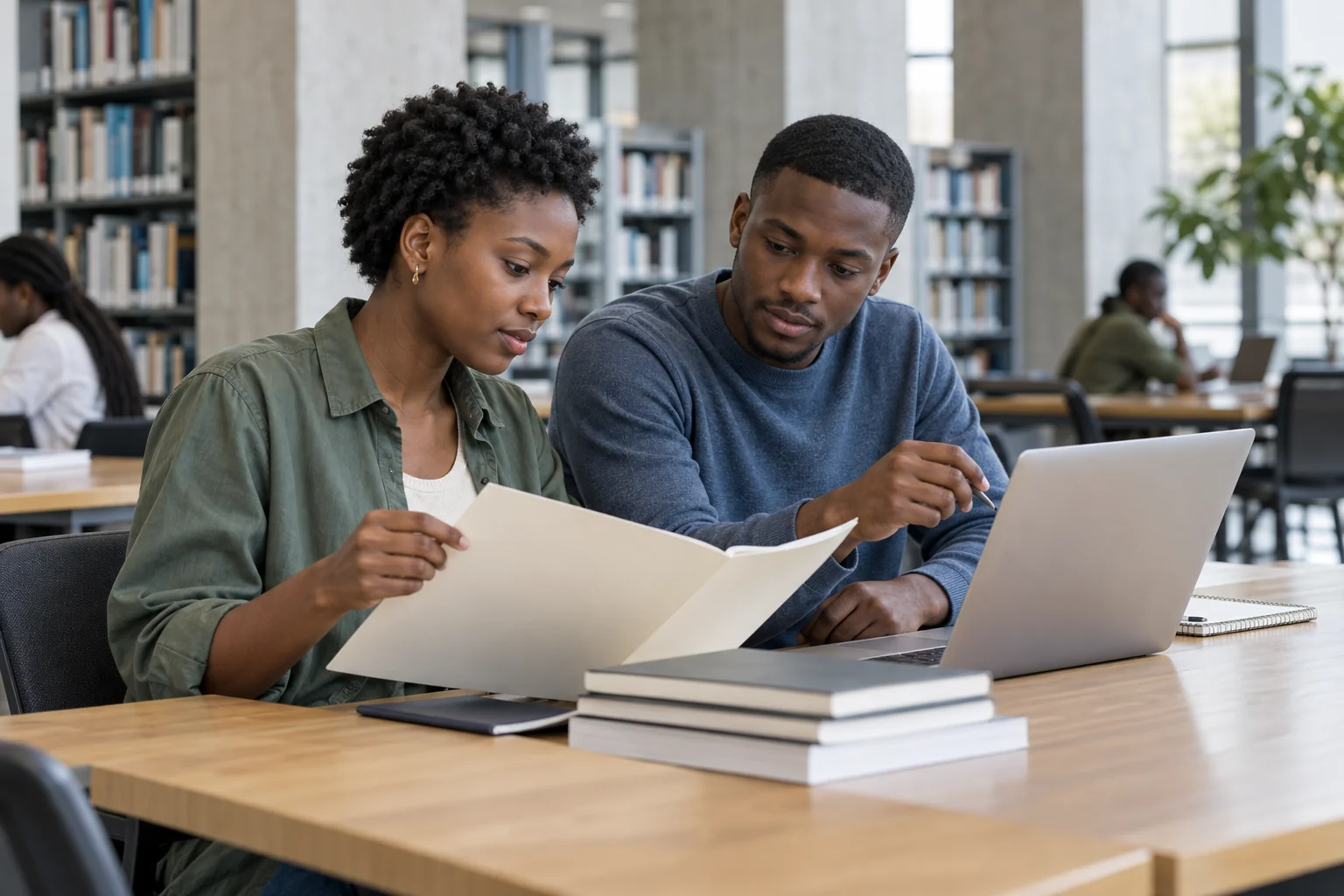 Deux jeunes adultes consultent un dossier et un ordinateur dans une bibliothèque.