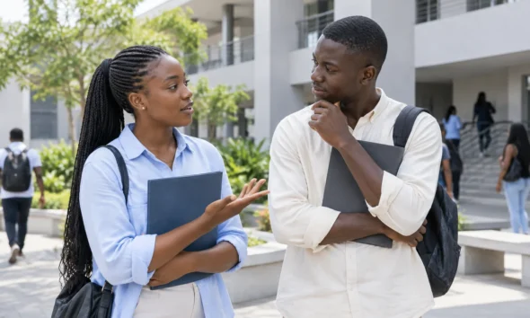 Deux jeunes adultes échangent avec des dossiers dans une cour.