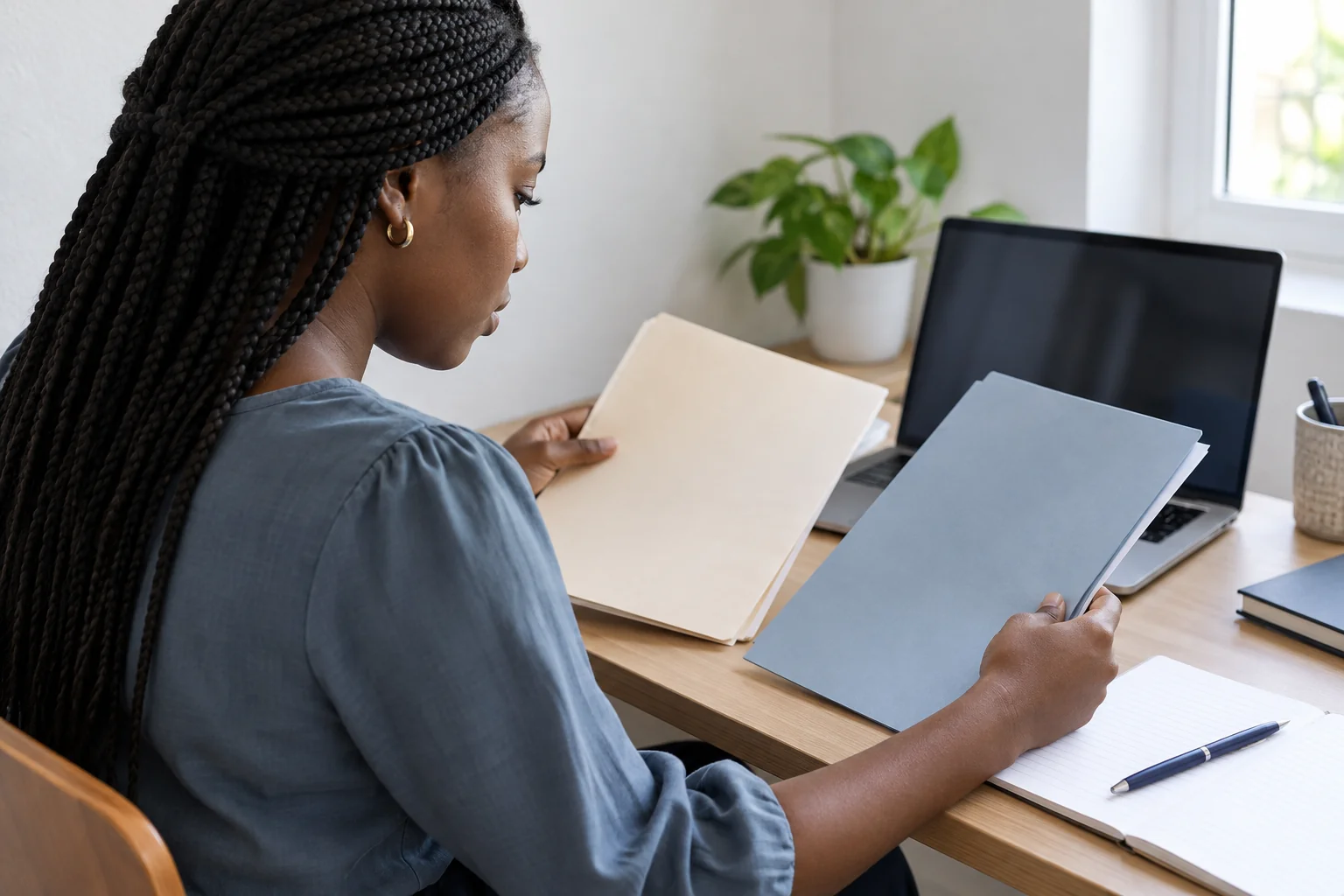 Une jeune femme compare deux dossiers à son bureau.